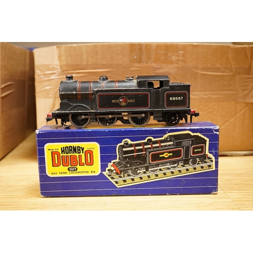 254 - A collection of Hornby Dublo railway for 3-rail running, including three boxed locomotives; an LNER ... 