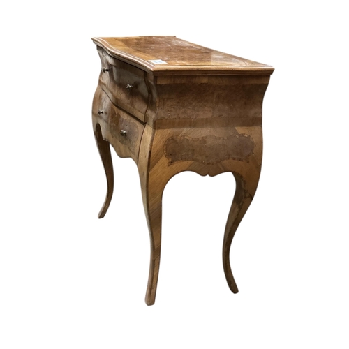 1066 - An 18th century style banded walnut bombe bedside chest, width 58cm, depth 30cm, height 66cm