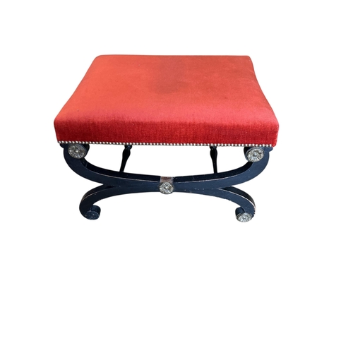 1070 - A Regency style gilt metal mounted upholstered ebonised stool, width 64cm, depth 55cm, height 41cm... 