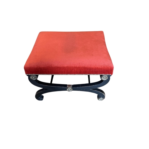 1070 - A Regency style gilt metal mounted upholstered ebonised stool, width 64cm, depth 55cm, height 41cm... 