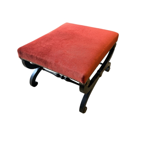 1070 - A Regency style gilt metal mounted upholstered ebonised stool, width 64cm, depth 55cm, height 41cm... 