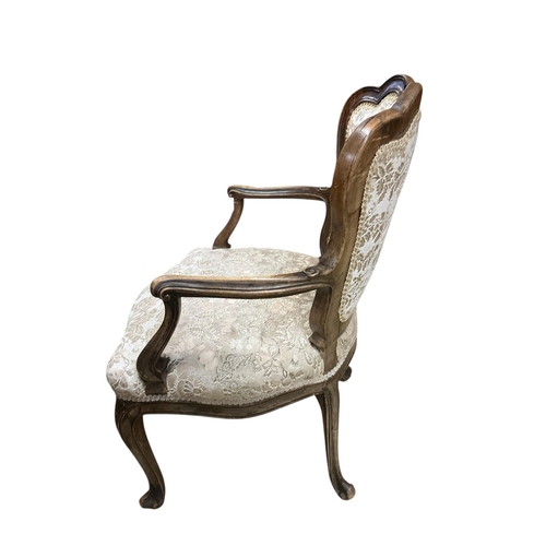 1078 - An 18th century French upholstered open arm chair, width 59cm, depth 50cm, height 87cm