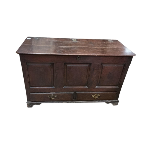 1089 - An 18th century panelled oak mule chest, width 121cm, depth 53cm, height 74cm