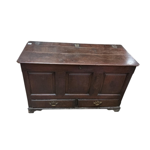 1089 - An 18th century panelled oak mule chest, width 121cm, depth 53cm, height 74cm
