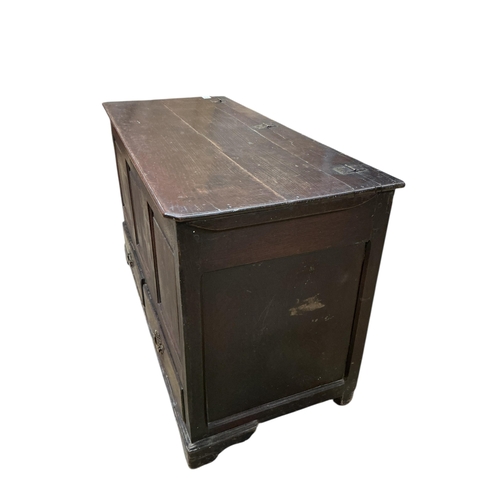 1089 - An 18th century panelled oak mule chest, width 121cm, depth 53cm, height 74cm