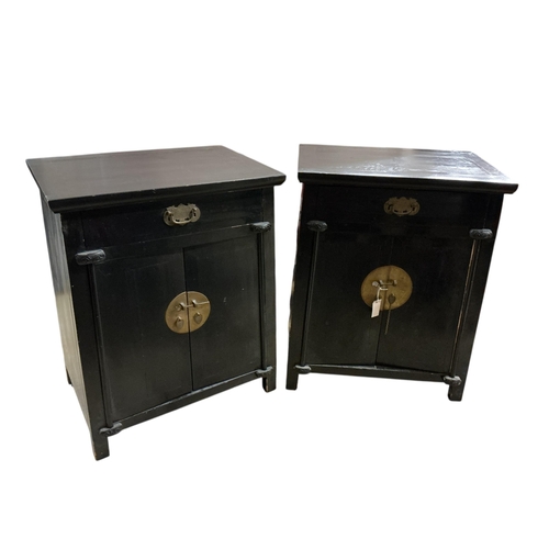 1098 - A pair of Chinese black lacquer side cabinets, width 68cm, depth 46cm, height 89cm