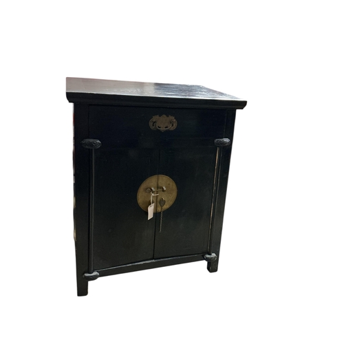 1098 - A pair of Chinese black lacquer side cabinets, width 68cm, depth 46cm, height 89cm