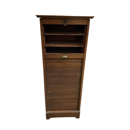 1102 - An early 20th century oak tambour filing cabinet, width 50cm, depth 37cm, height 126cm