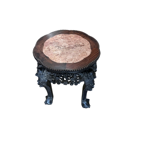 1105 - A Chinese circular padouk marble top vase stand, diameter 41cm, height 46cm