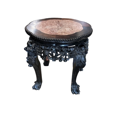 1105 - A Chinese circular padouk marble top vase stand, diameter 41cm, height 46cm
