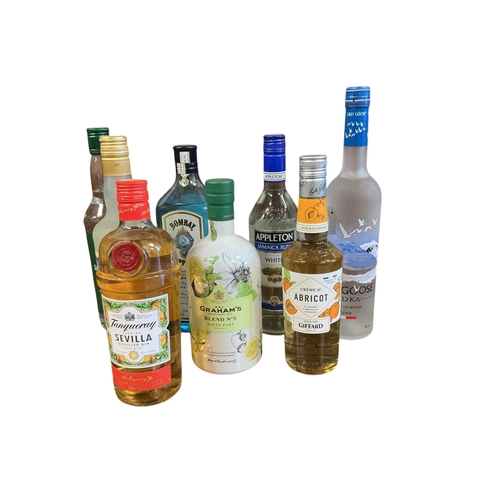 1110 - Eight bottles of assorted spirits and liqueur to include Greygoose Vodka, Graham's Blend No.5 White ... 
