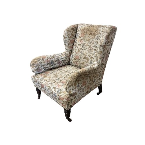 1113 - A late Victorian upholstered wing armchair, width 75cm, depth 78cm, height 91cm
