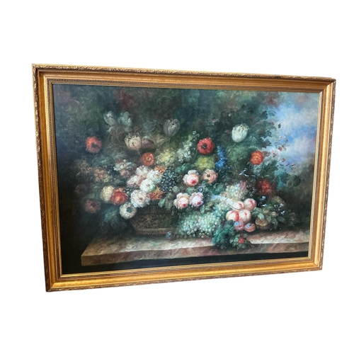 1115 - A large Dutch style canvas, still life of roses, peony and fruit. 196cm x 142cm
