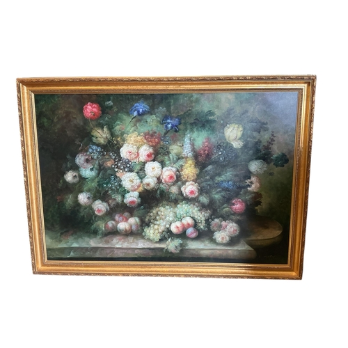 1116 - A large Dutch style canvas, still life of roses, peony and fruit. 196cm x 142cm