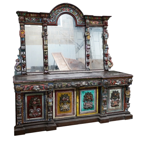 1117 - John Bratby (1928-1992): A monumental mirror backed buffet sideboard, polychrome decorated by the ar... 
