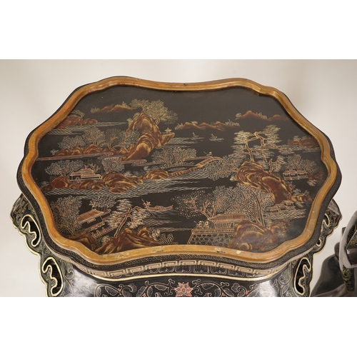 1131 - Two similar Chinese gilt-decorated black lacquer jardiniere stands, 20th century, each shaped top de... 