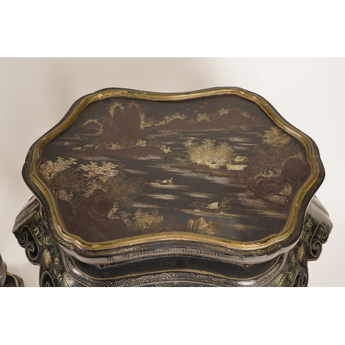 1131 - Two similar Chinese gilt-decorated black lacquer jardiniere stands, 20th century, each shaped top de... 