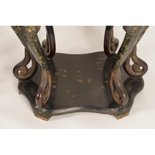 1131 - Two similar Chinese gilt-decorated black lacquer jardiniere stands, 20th century, each shaped top de... 