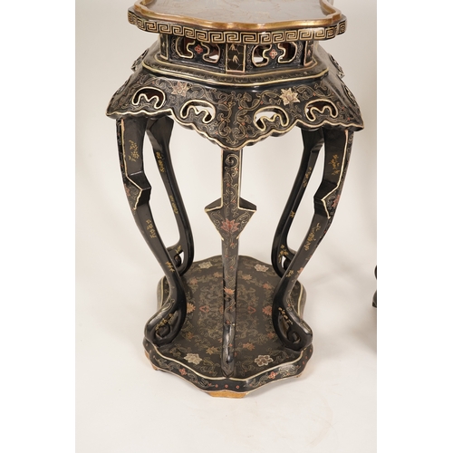 1131 - Two similar Chinese gilt-decorated black lacquer jardiniere stands, 20th century, each shaped top de... 