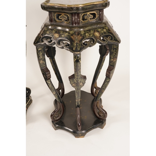 1131 - Two similar Chinese gilt-decorated black lacquer jardiniere stands, 20th century, each shaped top de... 