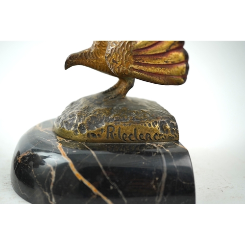 1251 - A pair of bronze peacock bookends, with remains of coloured pigments, marble plinths, signed R. Lecl... 