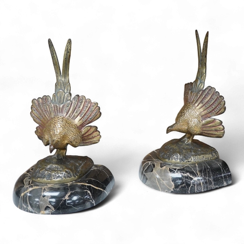 1251 - A pair of bronze peacock bookends, with remains of coloured pigments, marble plinths, signed R. Lecl... 