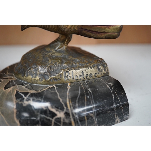 1251 - A pair of bronze peacock bookends, with remains of coloured pigments, marble plinths, signed R. Lecl... 