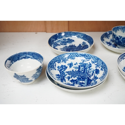 1254 - Two First Period Worcester saucers printed with The Milkmaid pattern in blue, three Worcester saucer... 