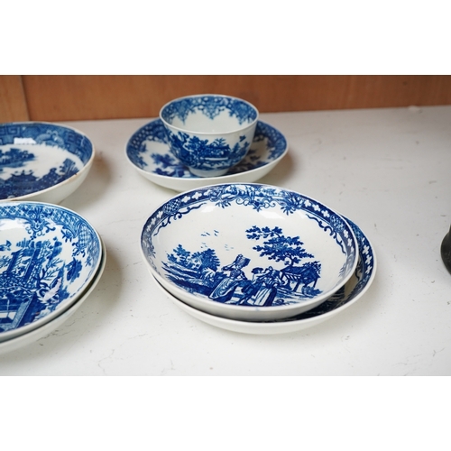 1254 - Two First Period Worcester saucers printed with The Milkmaid pattern in blue, three Worcester saucer... 