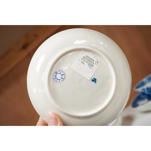 1254 - Two First Period Worcester saucers printed with The Milkmaid pattern in blue, three Worcester saucer... 