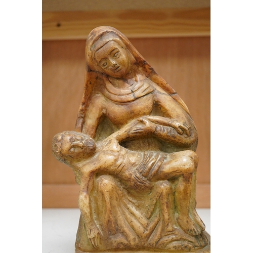 1262 - A carved alabaster figure, V. Dolorata, the Virgin Mary with Christ, height 24cm, base 13cm x 11cm,... 