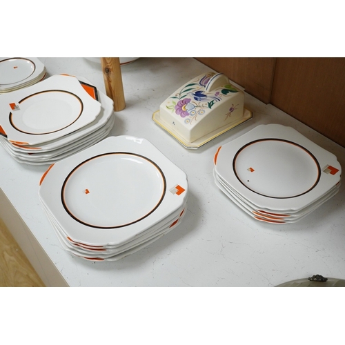 1267 - A Shelley Vogue dinner service - tureen 29cm wide, together with a Poole bluebird cheese dish... 