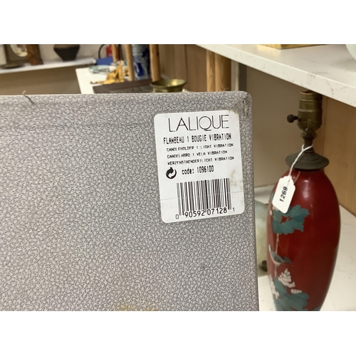 1268 - A modern Lalique glass candlestick, signed to the base, with original box, 20cm high