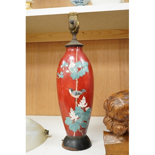 1269 - A Japanese cloisonne red ground bird decorated lamp, 44.5cm high including fitting