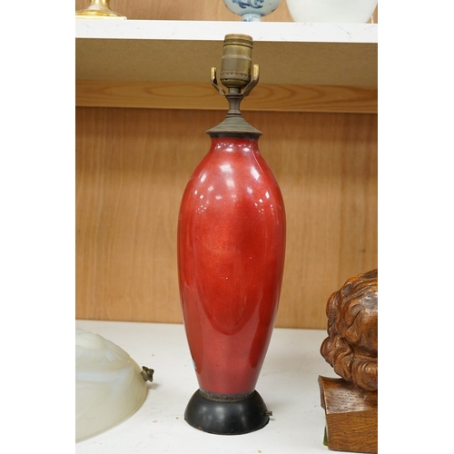 1269 - A Japanese cloisonne red ground bird decorated lamp, 44.5cm high including fitting