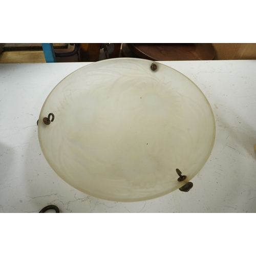 1270 - A Lalique-style opalescent glass ceiling shade decorated with three sunflowers, 34cm in diameter... 