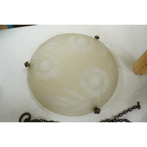 1270 - A Lalique-style opalescent glass ceiling shade decorated with three sunflowers, 34cm in diameter... 