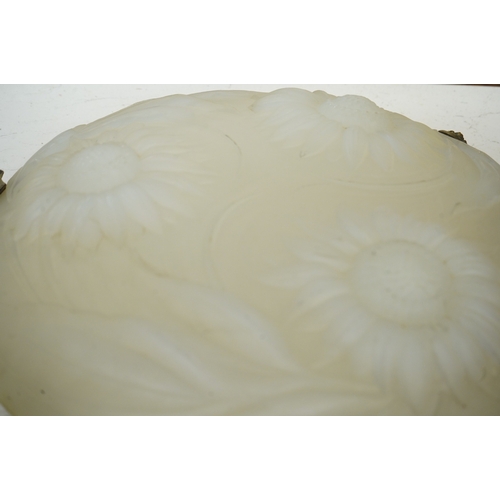 1270 - A Lalique-style opalescent glass ceiling shade decorated with three sunflowers, 34cm in diameter... 