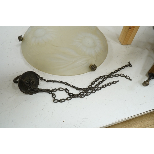 1270 - A Lalique-style opalescent glass ceiling shade decorated with three sunflowers, 34cm in diameter... 