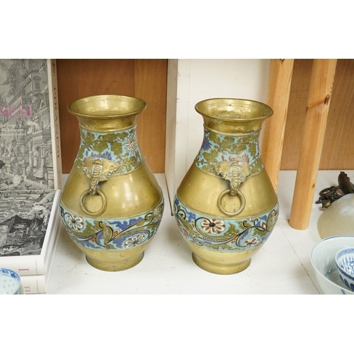 1271 - A pair of Japanese brass and champleve enamel vases, Meiji period, 29cm
