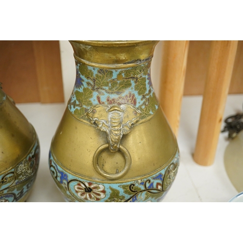 1271 - A pair of Japanese brass and champleve enamel vases, Meiji period, 29cm