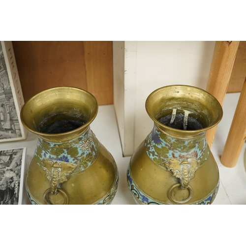 1271 - A pair of Japanese brass and champleve enamel vases, Meiji period, 29cm