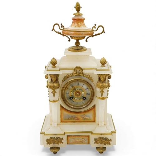 1291 - A 19th century French alabaster mantel clock with ormolu mounts, 45cm high