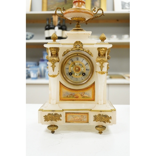 1291 - A 19th century French alabaster mantel clock with ormolu mounts, 45cm high