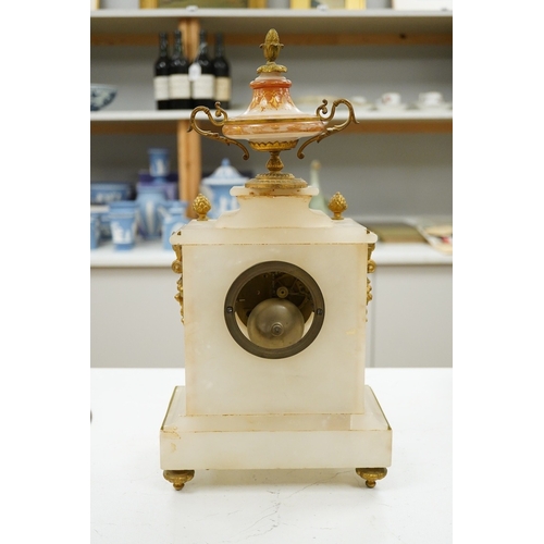 1291 - A 19th century French alabaster mantel clock with ormolu mounts, 45cm high