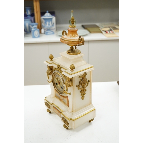 1291 - A 19th century French alabaster mantel clock with ormolu mounts, 45cm high