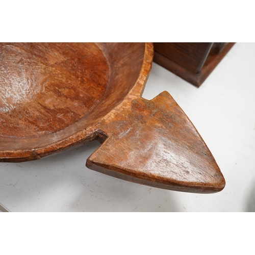 1292 - A late Victorian oak till, a mazer bowl - 57cm long, and a Huntley and Palmers novelty biscuit tin... 