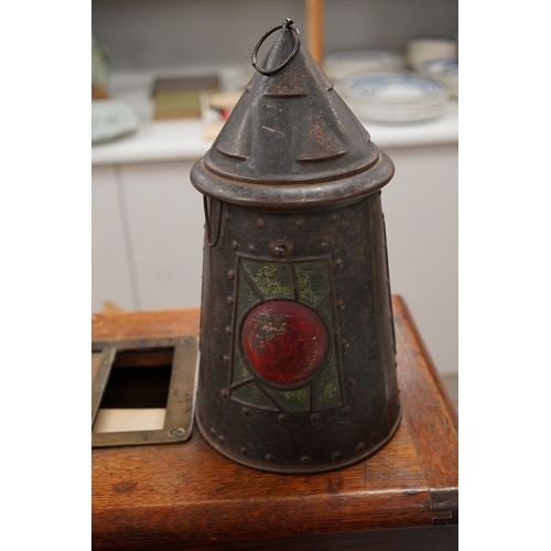 1292 - A late Victorian oak till, a mazer bowl - 57cm long, and a Huntley and Palmers novelty biscuit tin... 