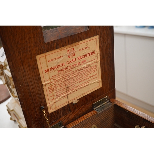 1292 - A late Victorian oak till, a mazer bowl - 57cm long, and a Huntley and Palmers novelty biscuit tin... 