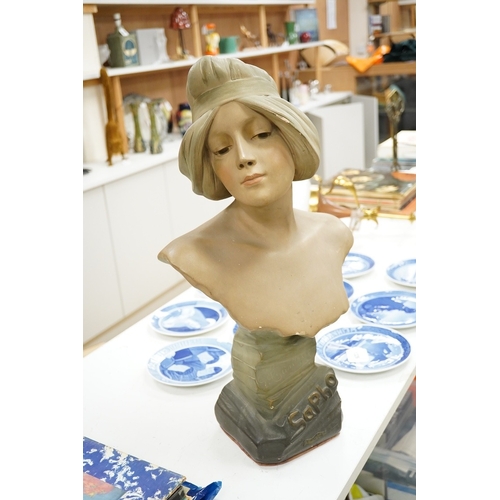 1294 - After Georges Trinque (1844-1930), a Art Nouveau terracotta Sapho bust, 58cm high